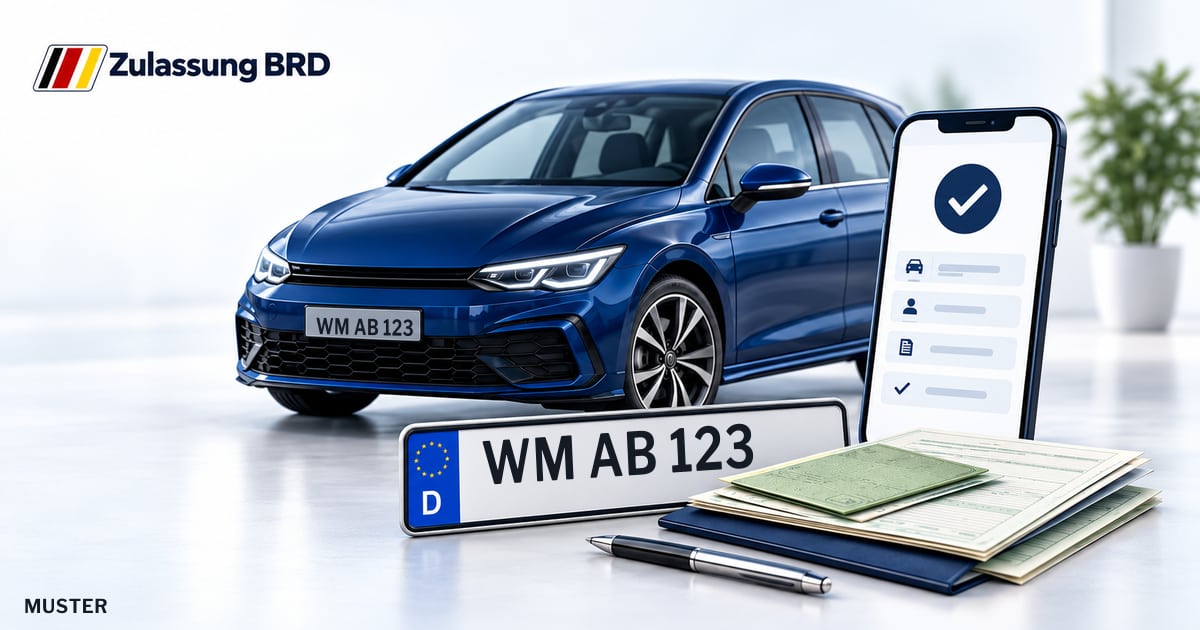 Online Fahrzeugzulassung in Peißenberg: Musterkennzeichen WM AB 123, Auto und Fahrzeugpapiere und Smartphone. Illustration mit Logo von Zulassung BRD.